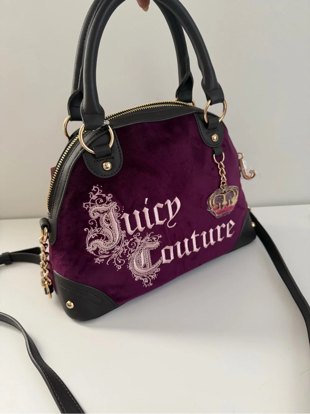 Juicy Couture Purple Velvet Dome Satchel with Black Trim and Gold Hardware